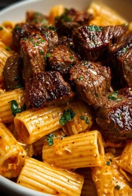 Cajun Steak Tips served with cheesy rigatoni on a plate