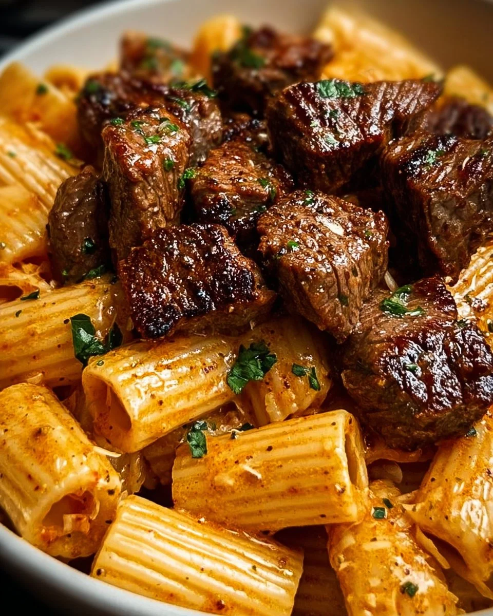 Cajun Steak Tips with Cheesy Rigatoni