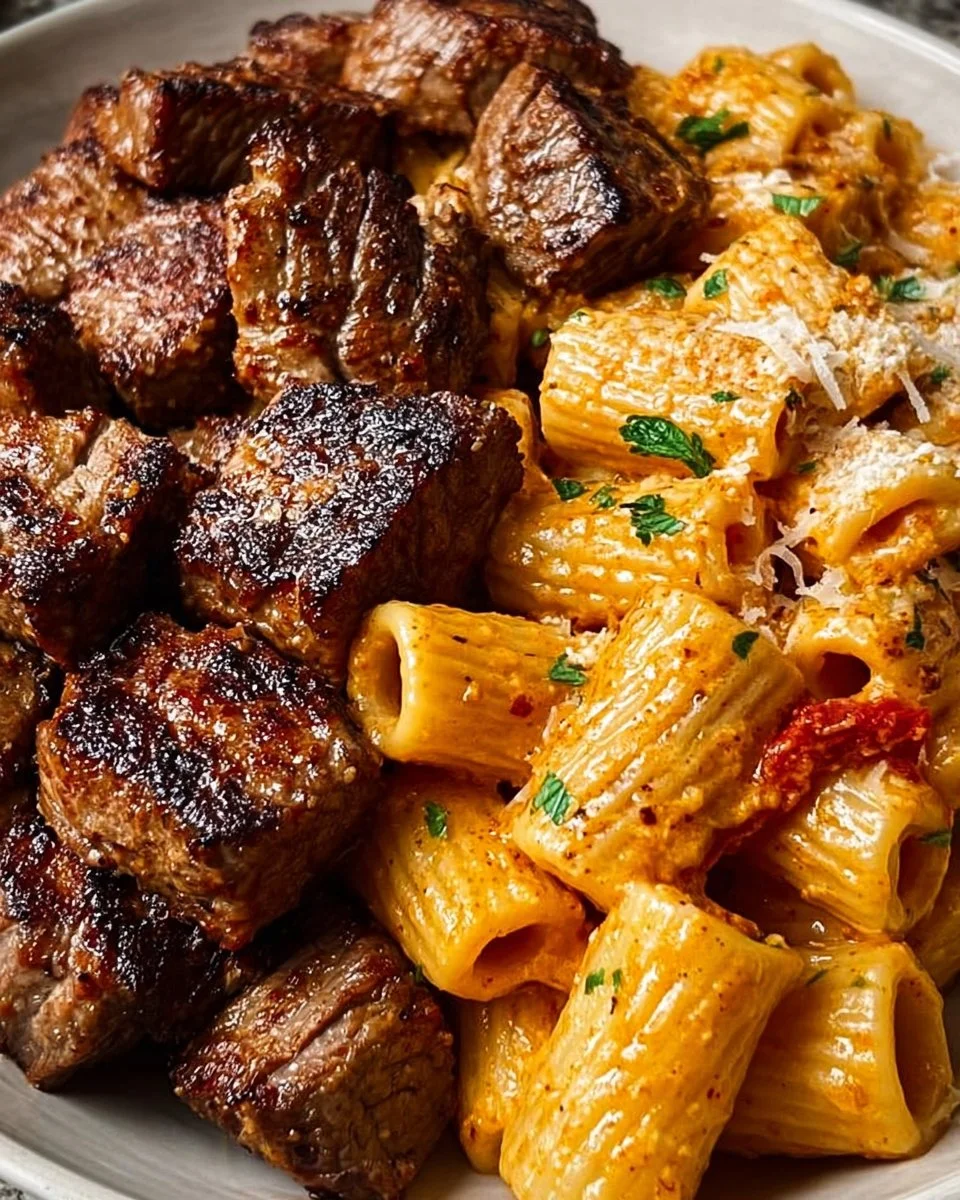 Cajun Steak Tips with Cheesy Rigatoni
