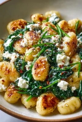 Delicious creamy gnocchi with spinach and feta served in a bowl.