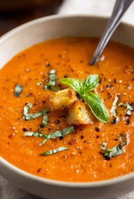Creamy tomato basil soup garnished with fresh basil leaves in a bowl.