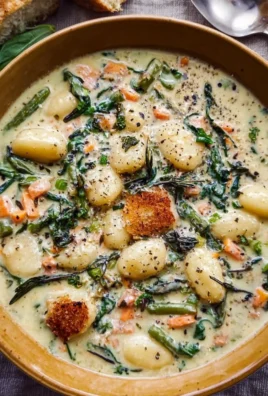 Bowl of creamy vegetarian gnocchi soup garnished with fresh herbs.