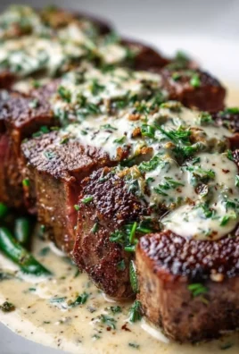 Garlic butter steak served with parmesan cream sauce on a plate.