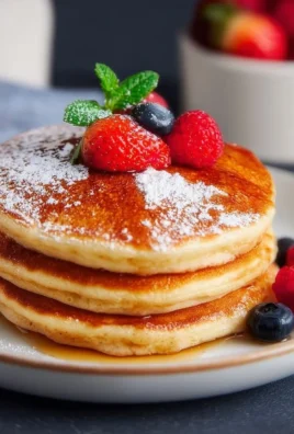 High protein pancakes topped with fresh berries and maple syrup