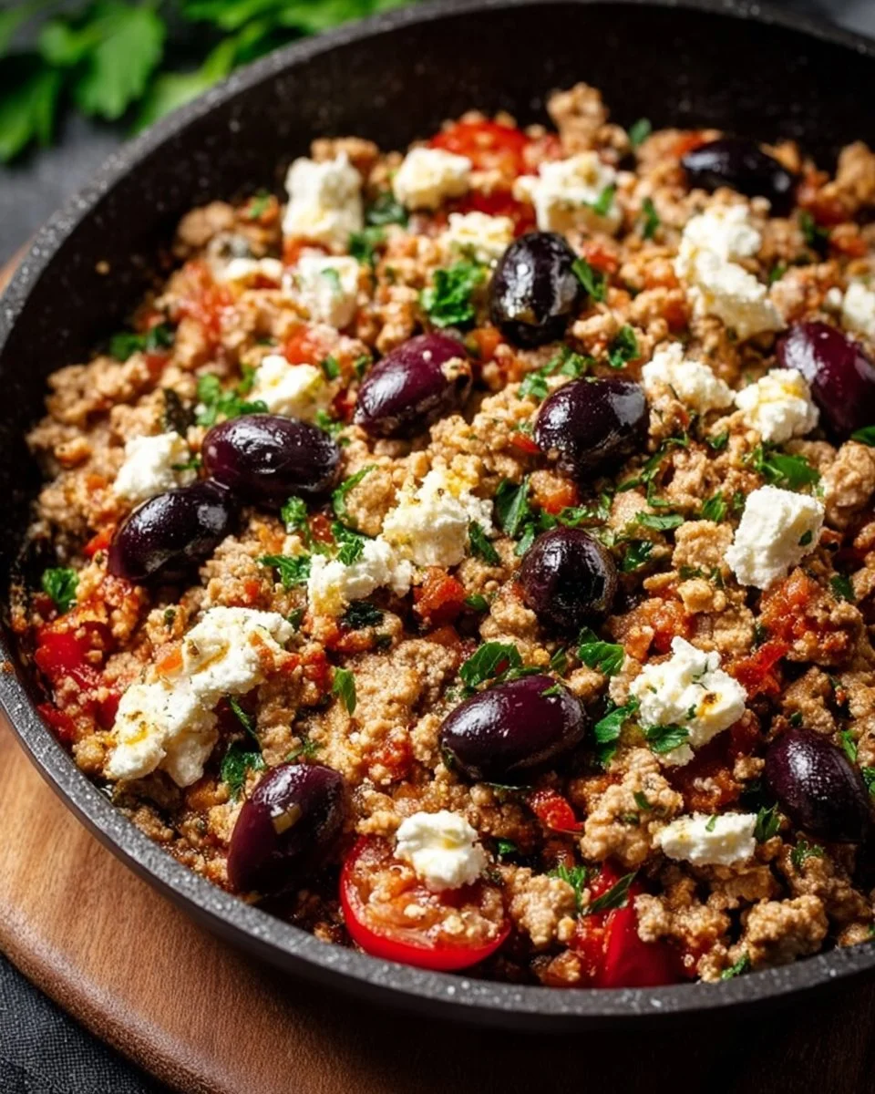 Mediterranean Keto Ground Chicken Skillet with Olives and Feta