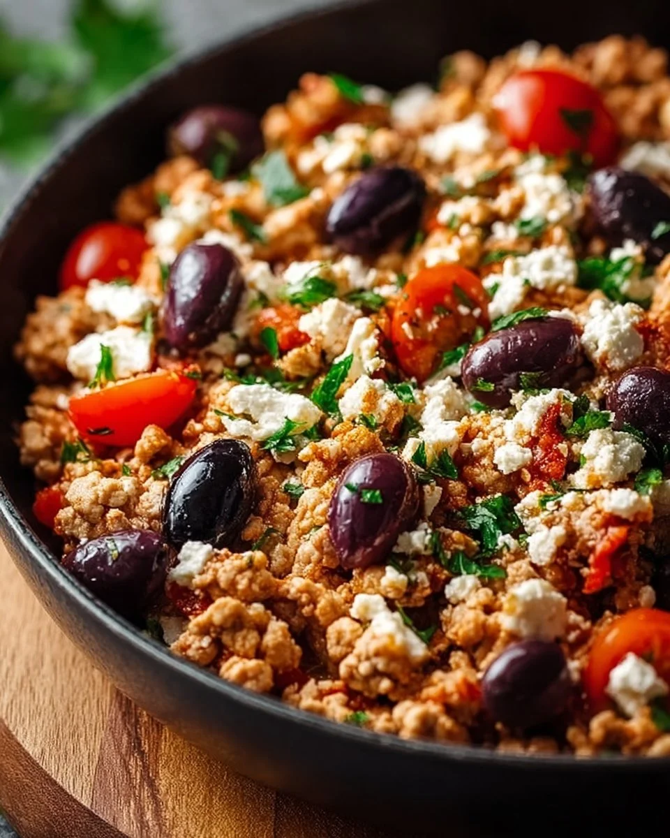 Mediterranean Keto Ground Chicken Skillet with Olives and Feta