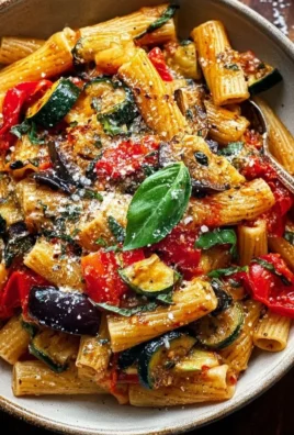 Delicious roasted vegetable pasta served on a plate, topped with fresh herbs.