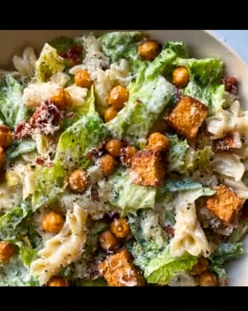 Caesar Pasta Salad with Chickpea Croutons