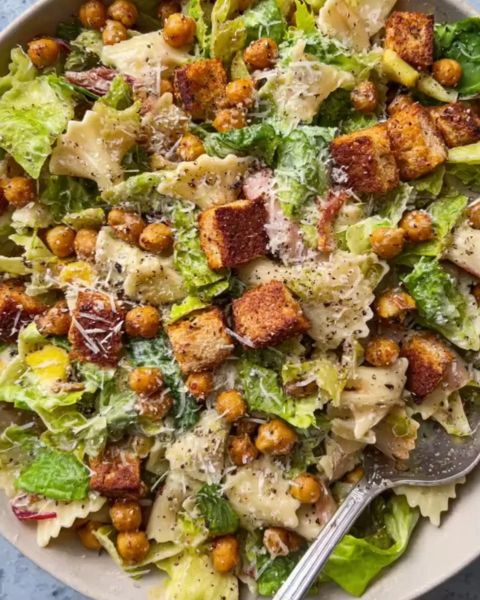 Caesar Pasta Salad with Chickpea Croutons