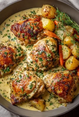 Creamy baked Dijon chicken thighs served on a plate with herbs