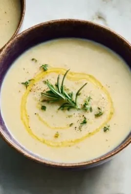 Bowl of creamy potato leek soup garnished with fresh herbs