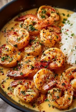 Delicious easy creamy garlic shrimp served with pasta and garnished with herbs.
