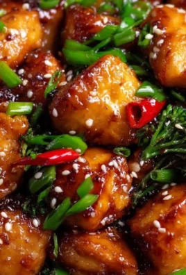 Plate of honey garlic chicken garnished with green onions and sesame seeds