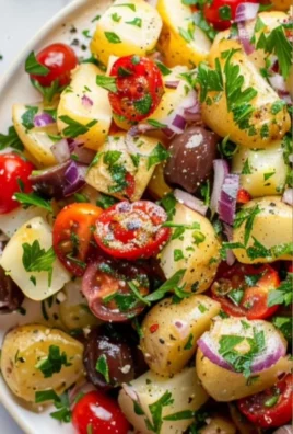 Delicious Mediterranean potato salad with fresh vegetables and herbs