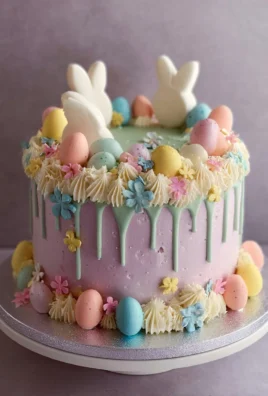 Beautifully decorated Easter cake with bunny themes and colorful designs.