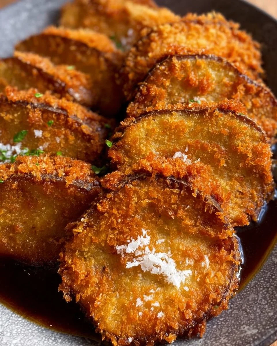Crispy eggplant katsu served with dipping sauce on a plate