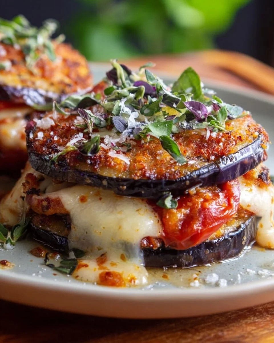 Layered Eggplant Napoleon with mozzarella and basil on a plate