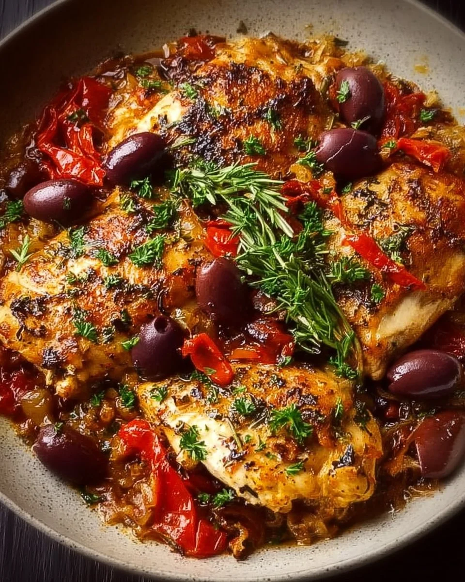 Baked Greek Chicken Casserole with herbs, olives, and feta cheese