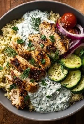 Herbed chicken and couscous bowls served with tzatziki sauce.
