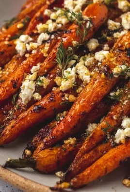 Honey garlic roasted carrots topped with feta cheese on a serving plate.