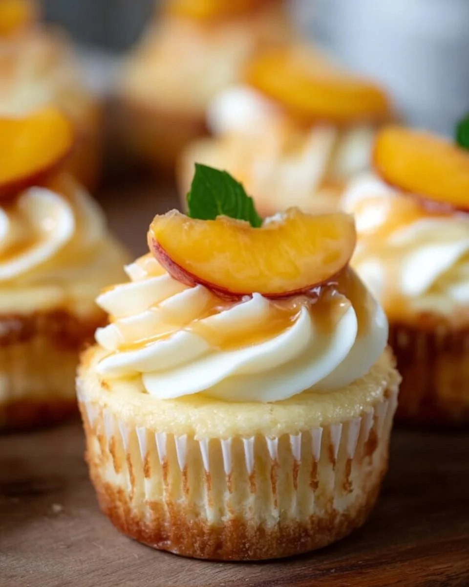 Delicious Peach & Honey Cheesecake Cupcakes topped with fresh peaches and honey glaze