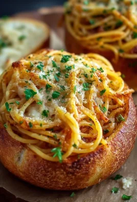 Spaghetti garlic bread bowls filled with savory noodles and garlic flavor