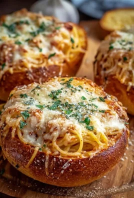 Spaghetti garlic bread bowls filled with spaghetti and topped with garlic bread