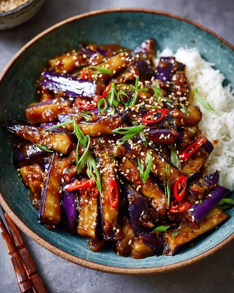 Spicy eggplant stir fry with colorful vegetables in a skillet