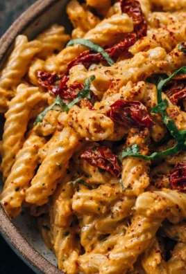 Vegan creamy sun-dried tomato pasta dish garnished with herbs