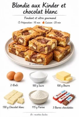 Blondie chocolat aux Kinder et chocolat blanc sur une assiette