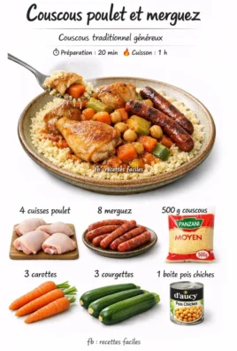 Plat de couscous poulet merguez préparé avec des épices méditerranéennes
