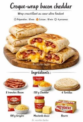 Croque-wrap avec bacon fumé, cheddar et moutarde douce, prêt à être dégusté.