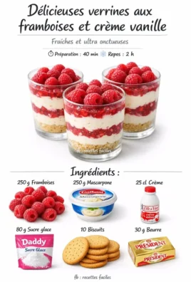 Verrines de crème vanille avec framboises fraîches, un dessert gourmet.