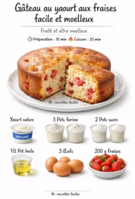 Gâteau moelleux au yaourt aux fraises avec des garnitures fraîches.