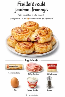 Feuilleté roulé jambon-fromage prêt à servir pour un apéritif savoureux