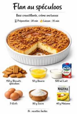 Flan au spéculoos crémeux avec des morceaux de spéculoos sur le dessus.