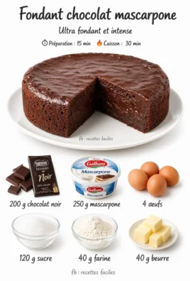 Fondant chocolat mascarpone ultra fondant, dessert savoureux en chocolat.