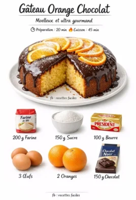 Un gâteau orange chocolat décoré avec des tranches d'orange et du chocolat fondu