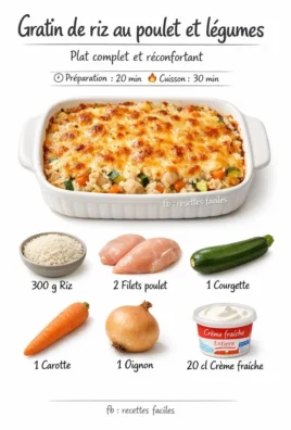 Gratin de riz au poulet et légumes, plat savoureux et crémeux