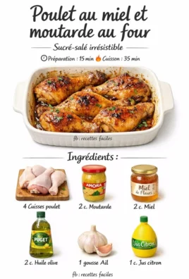 Poulet au miel et à la moutarde cuit au four, plat savoureux et facile à préparer.