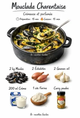 Mouclade Charentaise : plat traditionnel de moules à la crème et épices.
