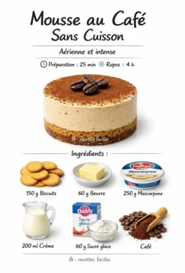 Mousse au café sans cuisson, un dessert crémeux et délicieux.