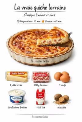 Quiche Lorraine savoureuse garnie de lardons et de fromage, plat classique français