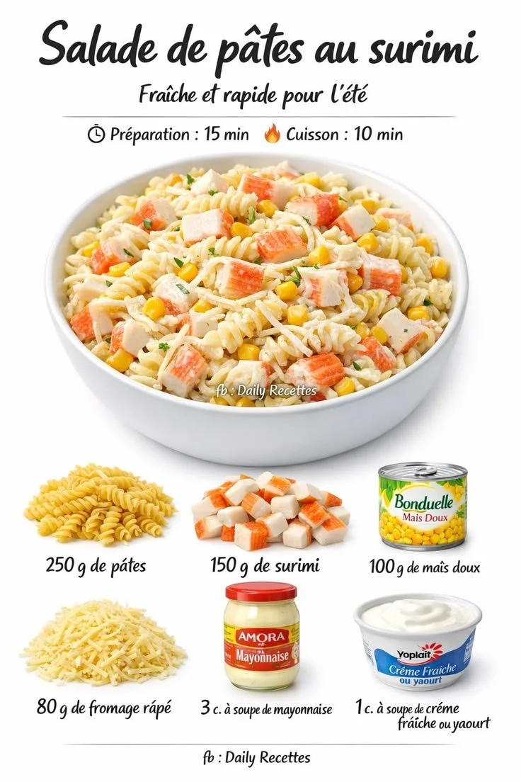 Salad of pasta with surimi, corn, and grated cheese