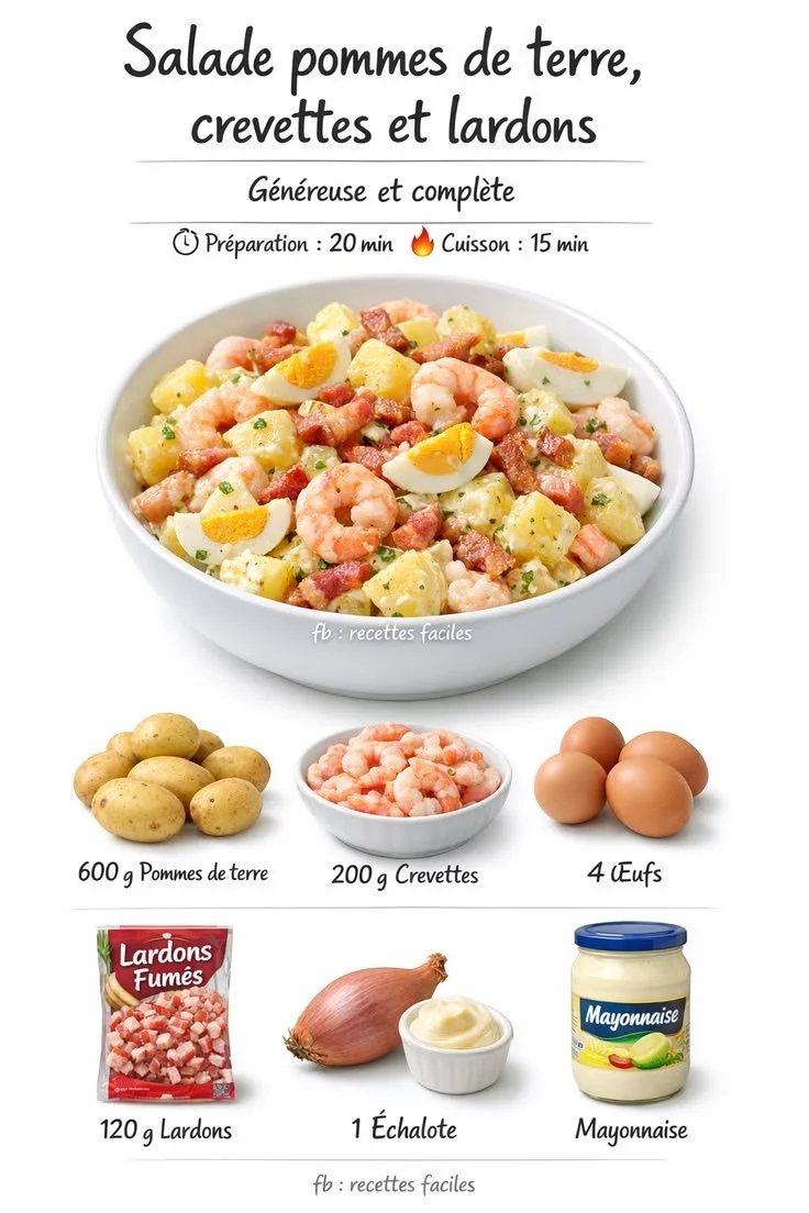 Salade de pommes de terre, crevettes et lardons