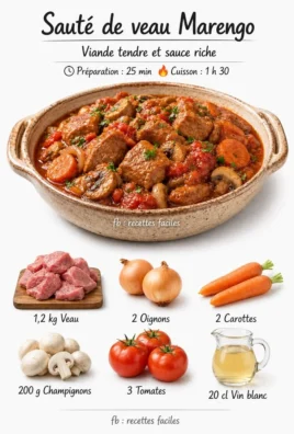 Plat de sauté de veau Marengo avec légumes et herbes fraîches.