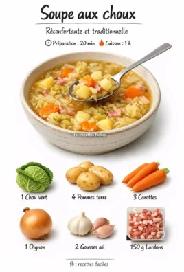 Soupe aux choux chaude et réconfortante, garnie de légumes frais