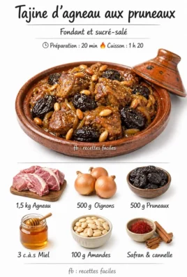 Tajine d’agneau aux pruneaux, plat savoureux préparé avec des épices et fruits secs.
