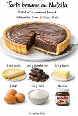 Tarte brownie au Nutella riche et fondante, parfaite pour les amateurs de chocolat.