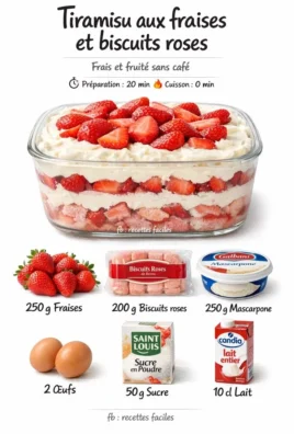 Tiramisu aux fraises et biscuits roses de Reims, un dessert élégant et savoureux.